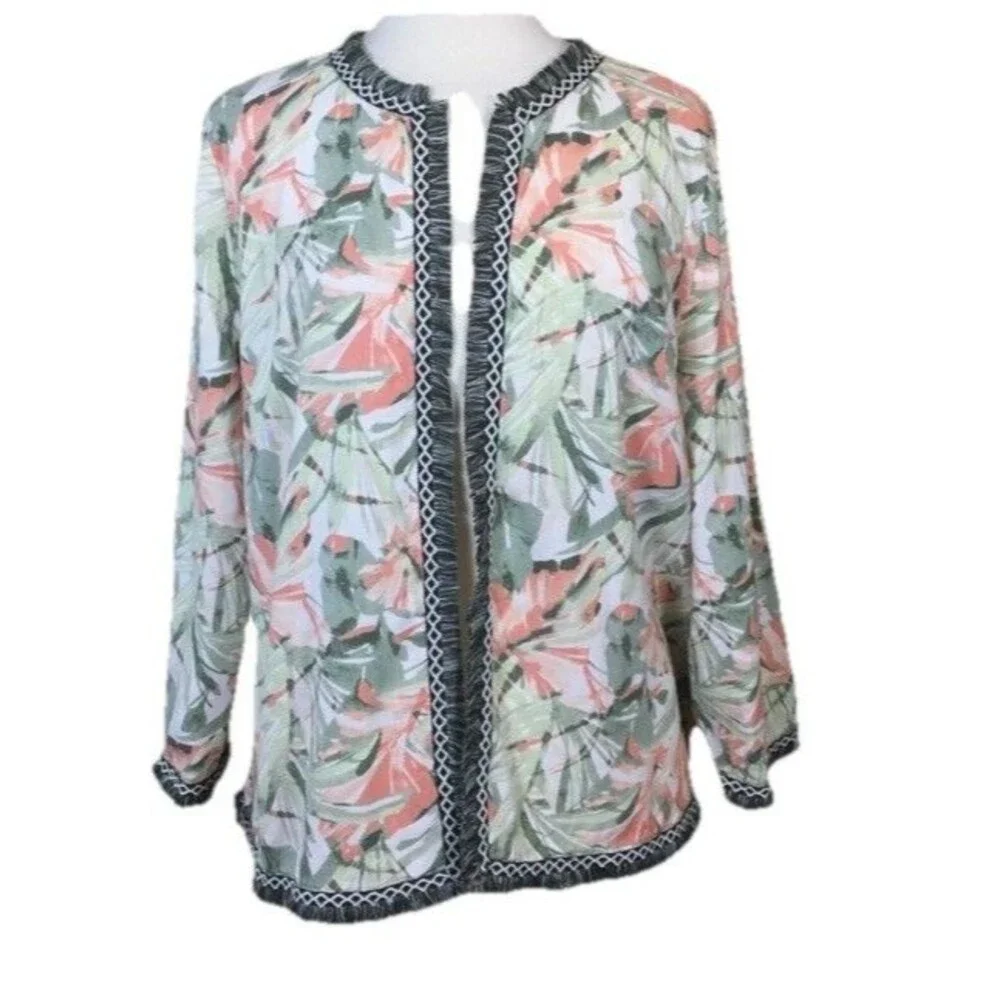 Chicos Havana Fringe Trim Linen Blend Jacket Tropical Floral Size 3 Womens XL - Picture 1 of 10